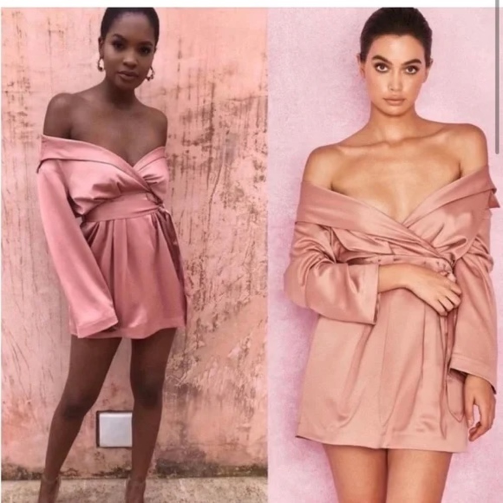 House of CB Dusty Pink Off-Shoulder Satin Mini Dress